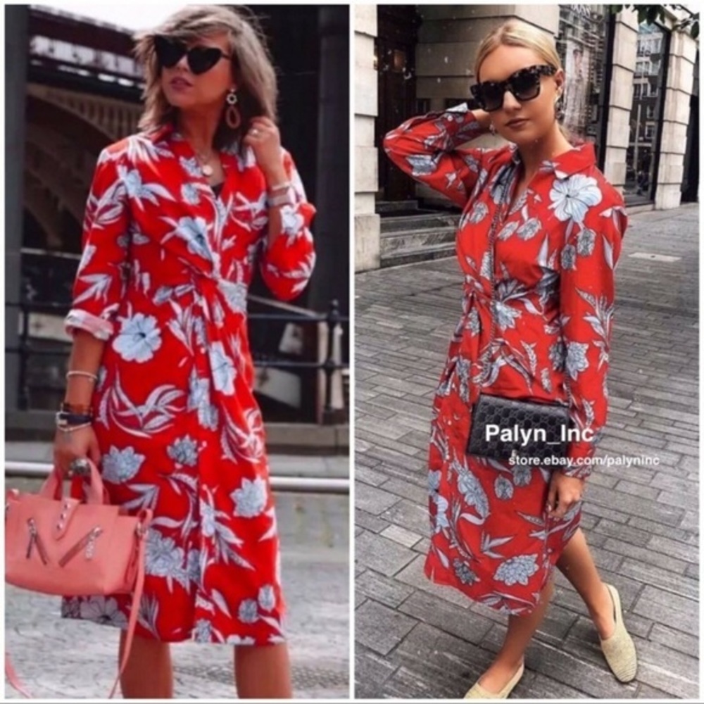Zara RED AND BLUE FLORAL PRINT SHIRT DRESS size L